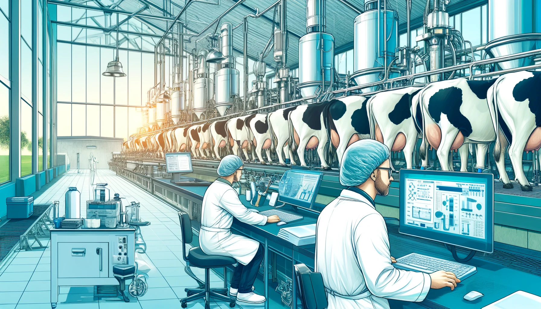 Dairy Farm Professionalism- A vivid and detailed wide illustration depicting dairy farm professionalism. The scene shows a modern dairy farm with a focus on efficient, clean, and (2)