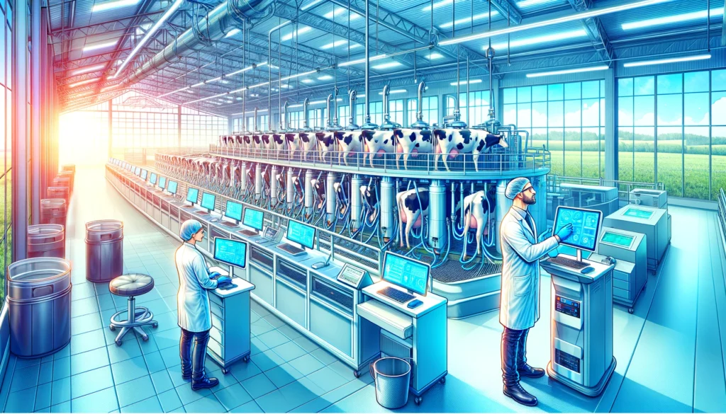 Dairy Farm Professionalism- A vivid and detailed wide illustration depicting dairy farm professionalism. The scene shows a modern dairy farm with a focus on efficient, clean, and (2)